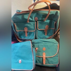 Polo Ralph Lauren 3 Piece Travel Bag Set Green Canvas Brown Leather Vintage 90s
